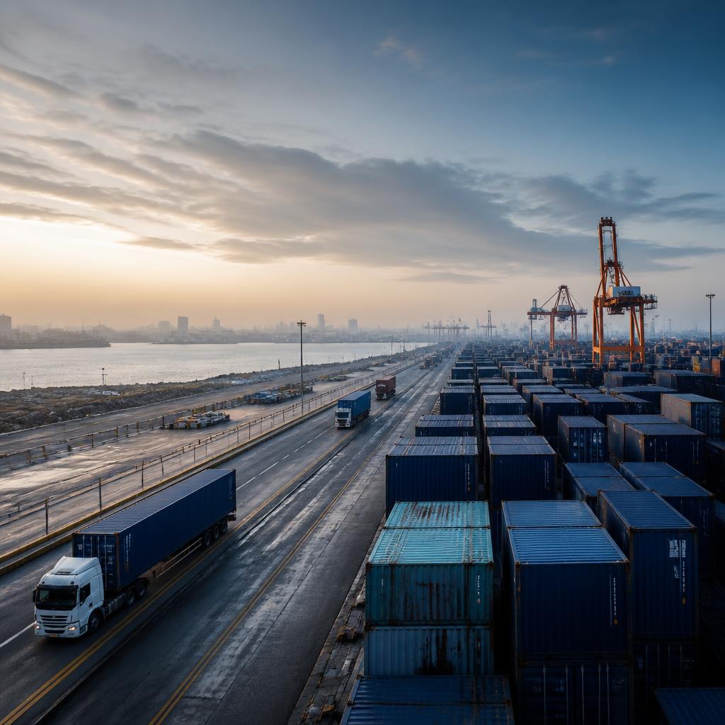 Container cranes and trucks at a Nigerian port terminal
